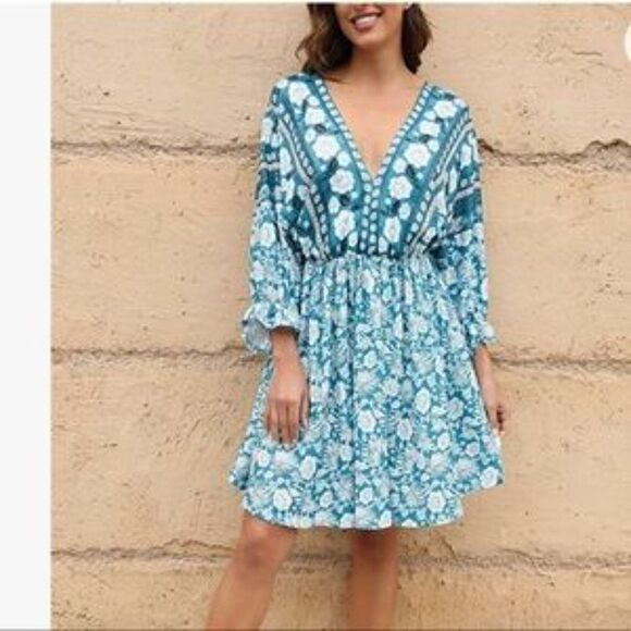 New Boho Floral Tie Back Clinched Cuff Short Dress - Picture 5 of 7